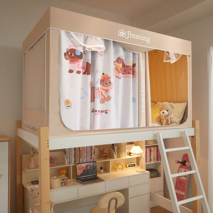 91家纺网 家纺一手货源 找家纺 星际优品 2025新款学生蚊帐遮光床帘植绒环保遮光帘99%遮光-印花款学生蚊帐-一 拉长狗-米杏