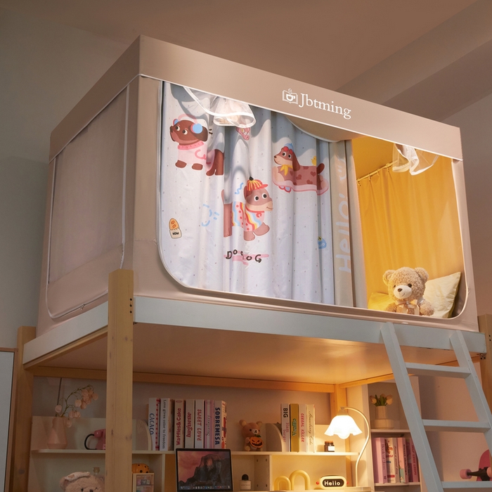 91家纺网 家纺一手货源 找家纺 星际优品 2025新款学生蚊帐遮光床帘植绒环保遮光帘99%遮光-印花款学生蚊帐-一 拉长狗-米杏