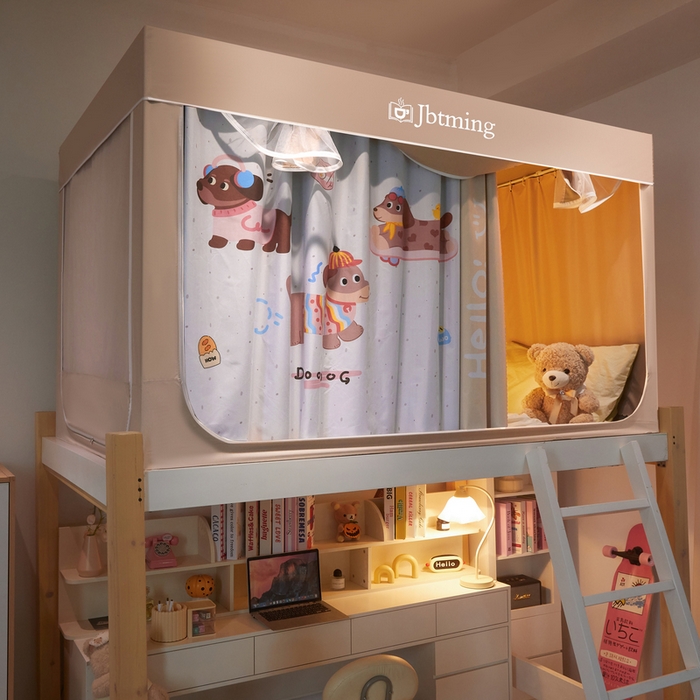 91家纺网 家纺一手货源 找家纺 星际优品 2025新款学生蚊帐遮光床帘植绒环保遮光帘99%遮光-印花款学生蚊帐-一 拉长狗-米杏