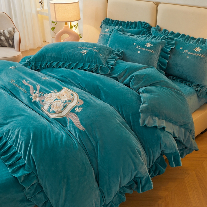 怡源梦 2025新款亲肤舒适A类婴儿绒刺绣四件套 花香云锦-湖蓝色