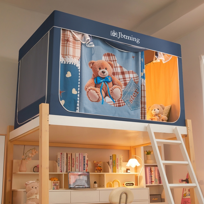 91家纺网 家纺一手货源 找家纺 星际优品 2025新款学生蚊帐遮光床帘植绒环保遮光帘99%遮光-印花款学生蚊帐-一 礼物熊-藏青