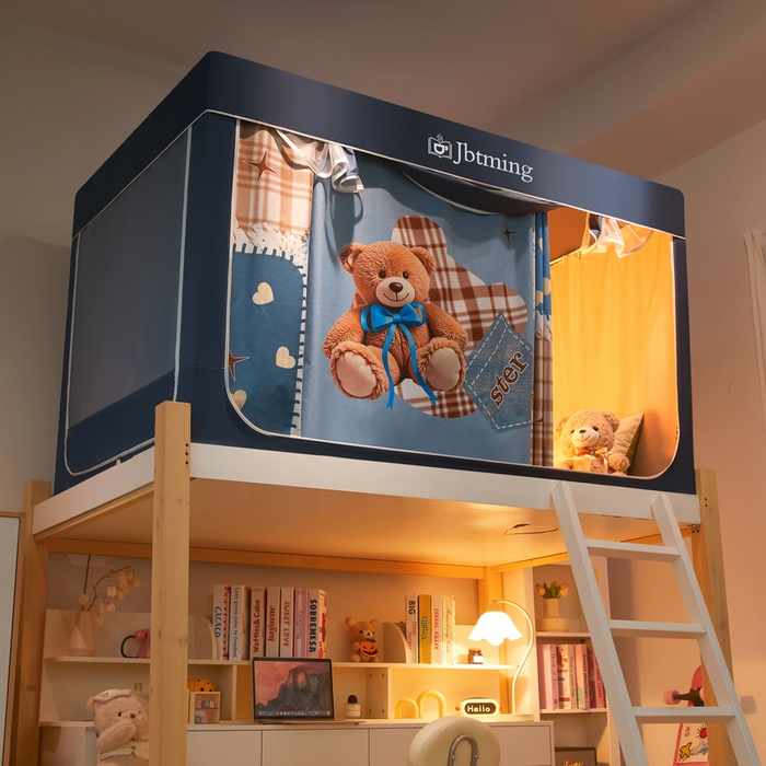 91家纺网 家纺一手货源 找家纺 星际优品 2025新款学生蚊帐遮光床帘植绒环保遮光帘99%遮光-印花款学生蚊帐-一 礼物熊-藏青