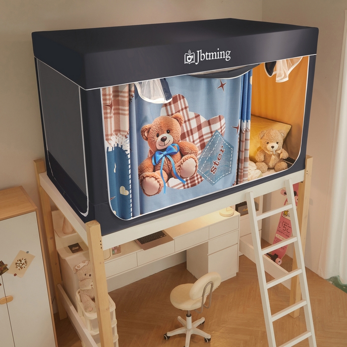 91家纺网 家纺一手货源 找家纺 星际优品 2025新款学生蚊帐遮光床帘植绒环保遮光帘99%遮光-印花款学生蚊帐-一 礼物熊-灰