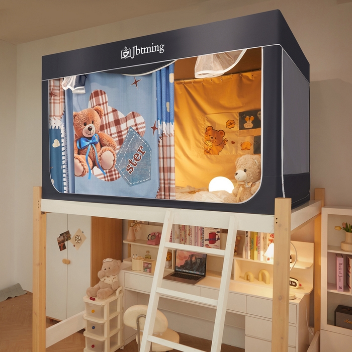 91家纺网 家纺一手货源 找家纺 星际优品 2025新款学生蚊帐遮光床帘植绒环保遮光帘99%遮光-印花款学生蚊帐-一 礼物熊-灰