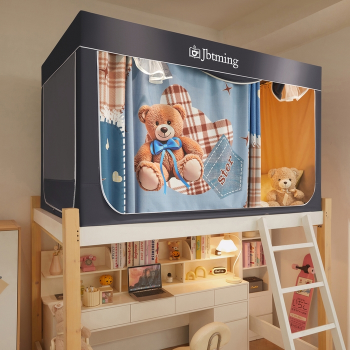 91家纺网 家纺一手货源 找家纺 星际优品 2025新款学生蚊帐遮光床帘植绒环保遮光帘99%遮光-印花款学生蚊帐-一 礼物熊-灰