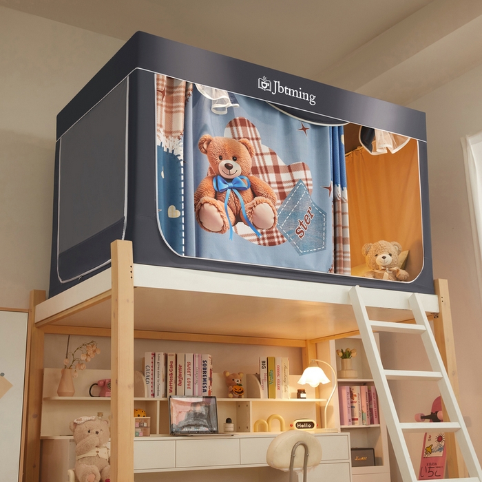 91家纺网 家纺一手货源 找家纺 星际优品 2025新款学生蚊帐遮光床帘植绒环保遮光帘99%遮光-印花款学生蚊帐-一 礼物熊-灰