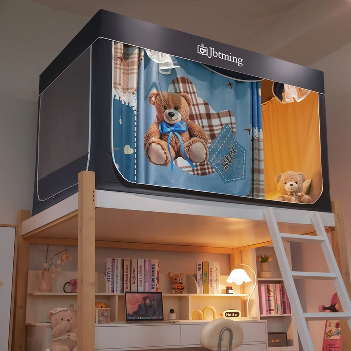 91家纺网 家纺一手货源 找家纺 星际优品 2025新款学生蚊帐遮光床帘植绒环保遮光帘99%遮光-印花款学生蚊帐-一 礼物熊-灰