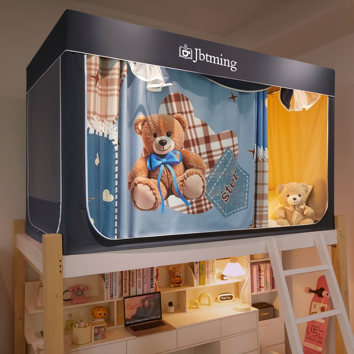 91家纺网 家纺一手货源 找家纺 星际优品 2025新款学生蚊帐遮光床帘植绒环保遮光帘99%遮光-印花款学生蚊帐-一 礼物熊-灰