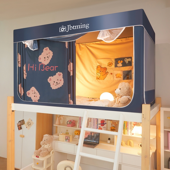 91家纺网 家纺一手货源 找家纺 星际优品 2025新款学生蚊帐遮光床帘植绒环保遮光帘99%遮光-印花款学生蚊帐-一 迷你小熊-藏青