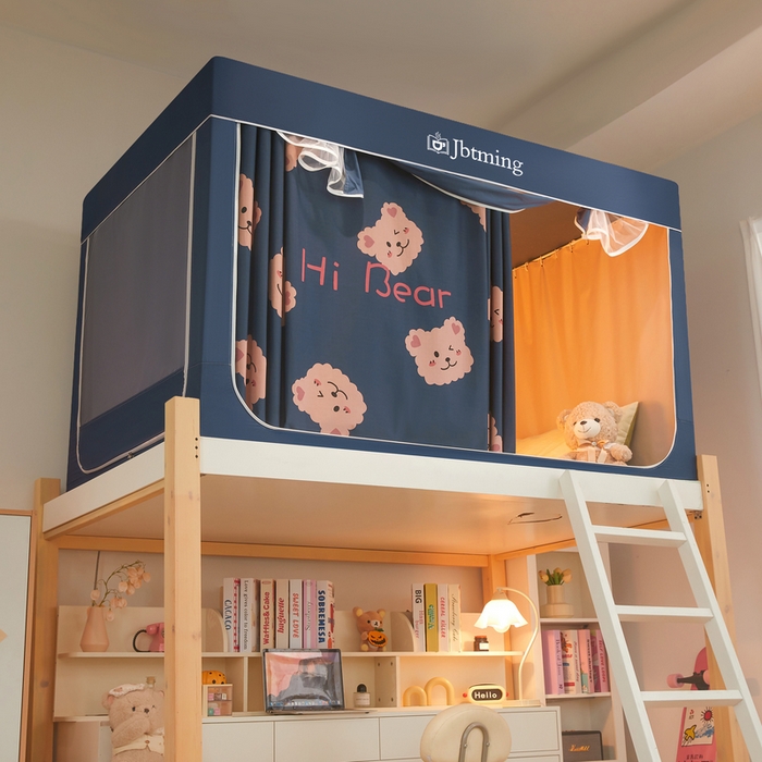 91家纺网 家纺一手货源 找家纺 星际优品 2025新款学生蚊帐遮光床帘植绒环保遮光帘99%遮光-印花款学生蚊帐-一 迷你小熊-藏青