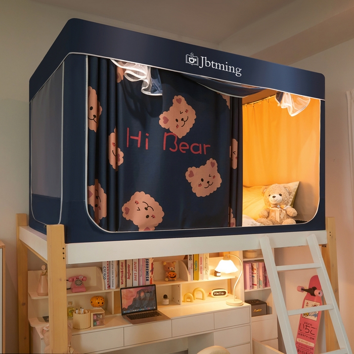 91家纺网 家纺一手货源 找家纺 星际优品 2025新款学生蚊帐遮光床帘植绒环保遮光帘99%遮光-印花款学生蚊帐-一 迷你小熊-藏青