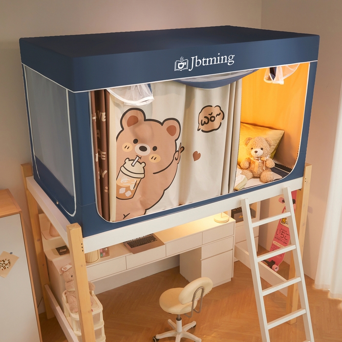 91家纺网 家纺一手货源 找家纺 星际优品 2025新款学生蚊帐遮光床帘植绒环保遮光帘99%遮光-印花款学生蚊帐-一 奶茶熊-藏青