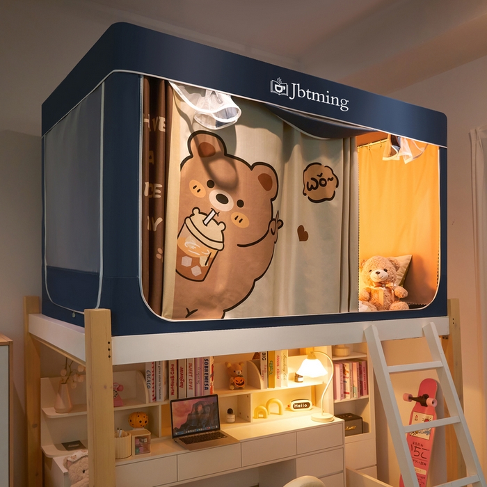 91家纺网 家纺一手货源 找家纺 星际优品 2025新款学生蚊帐遮光床帘植绒环保遮光帘99%遮光-印花款学生蚊帐-一 奶茶熊-藏青