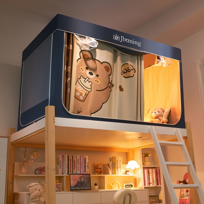 91家纺网 家纺一手货源 找家纺 星际优品 2025新款学生蚊帐遮光床帘植绒环保遮光帘99%遮光-印花款学生蚊帐-一 奶茶熊-藏青