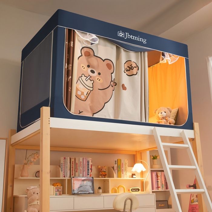 91家纺网 家纺一手货源 找家纺 星际优品 2025新款学生蚊帐遮光床帘植绒环保遮光帘99%遮光-印花款学生蚊帐-一 奶茶熊-藏青