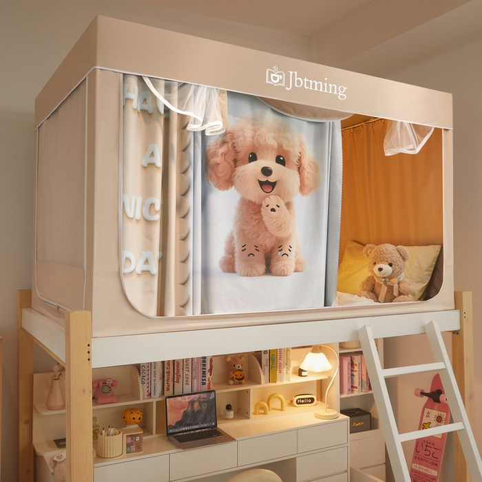 91家纺网 家纺一手货源 找家纺 星际优品 2025新款学生蚊帐遮光床帘植绒环保遮光帘99%遮光-印花款学生蚊帐-一 泰迪-米杏