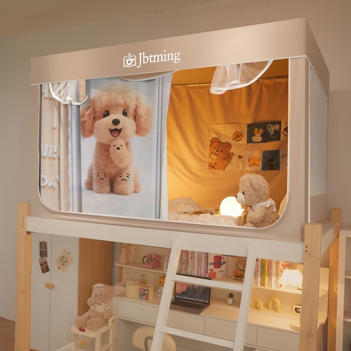 91家纺网 家纺一手货源 找家纺 星际优品 2025新款学生蚊帐遮光床帘植绒环保遮光帘99%遮光-印花款学生蚊帐-一 泰迪-米杏