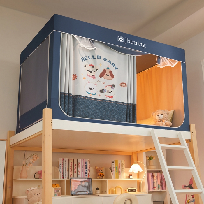 91家纺网 家纺一手货源 找家纺 星际优品 2025新款学生蚊帐遮光床帘植绒环保遮光帘99%遮光-印花款学生蚊帐-一 小狗派对-藏青