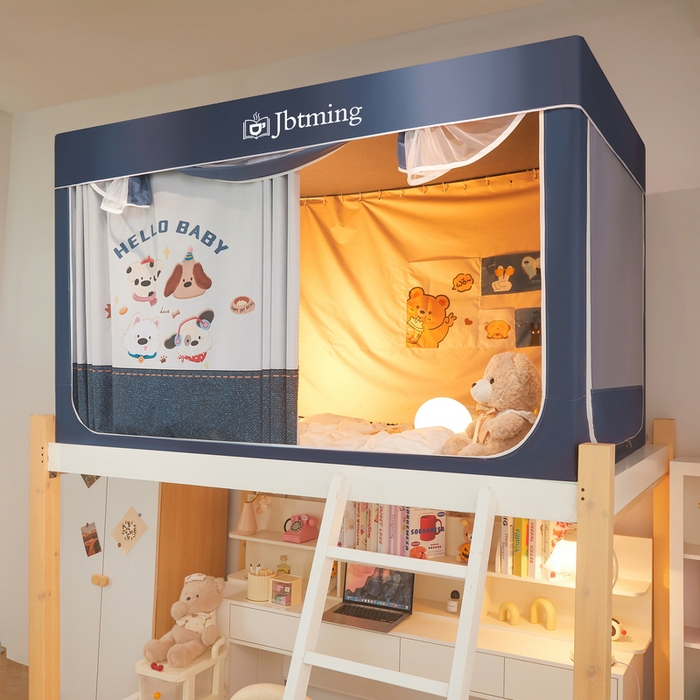 91家纺网 家纺一手货源 找家纺 星际优品 2025新款学生蚊帐遮光床帘植绒环保遮光帘99%遮光-印花款学生蚊帐-一 小狗派对-藏青