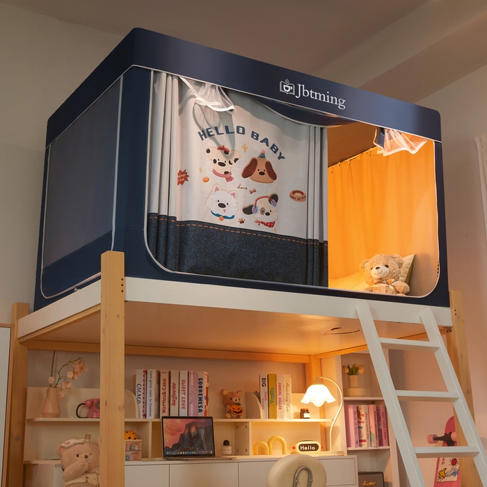 91家纺网 家纺一手货源 找家纺 星际优品 2025新款学生蚊帐遮光床帘植绒环保遮光帘99%遮光-印花款学生蚊帐-一 小狗派对-藏青