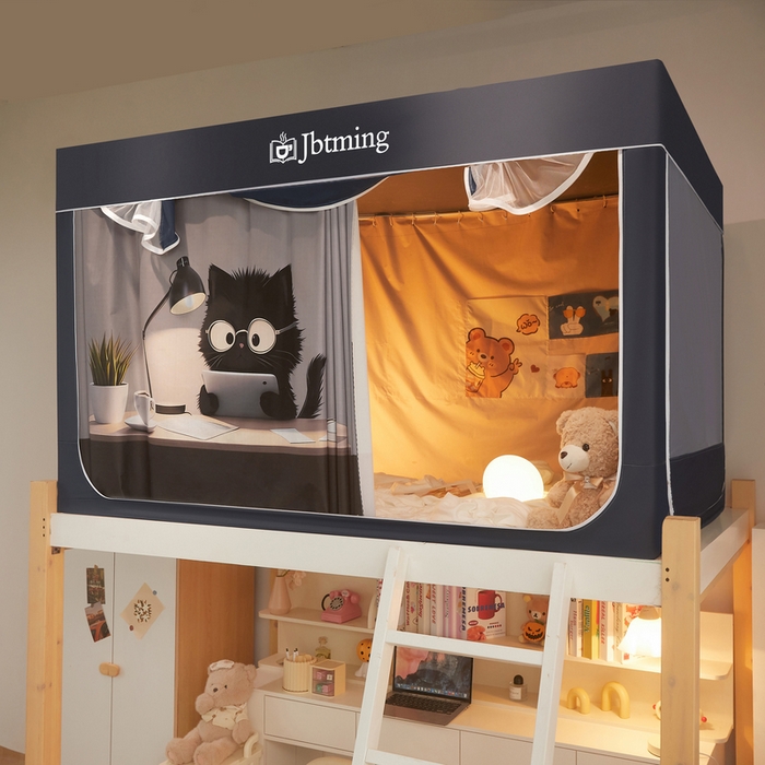 91家纺网 家纺一手货源 找家纺 星际优品 2025新款学生蚊帐遮光床帘植绒环保遮光帘99%遮光-印花款学生蚊帐-一 学习猫-灰