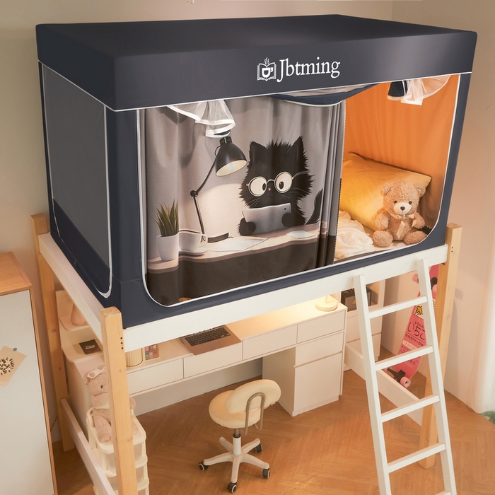 91家纺网 家纺一手货源 找家纺 星际优品 2025新款学生蚊帐遮光床帘植绒环保遮光帘99%遮光-印花款学生蚊帐-一 学习猫-灰