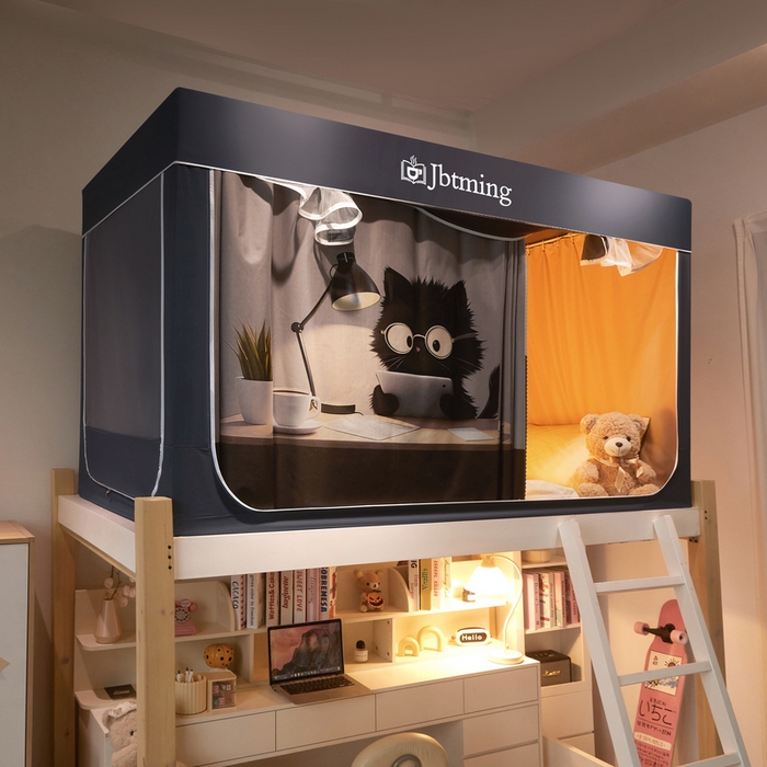 91家纺网 家纺一手货源 找家纺 星际优品 2025新款学生蚊帐遮光床帘植绒环保遮光帘99%遮光-印花款学生蚊帐-一 学习猫-灰