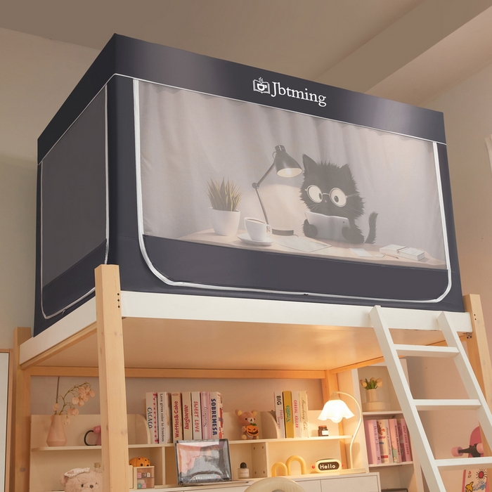 91家纺网 家纺一手货源 找家纺 星际优品 2025新款学生蚊帐遮光床帘植绒环保遮光帘99%遮光-印花款学生蚊帐-一 学习猫-灰