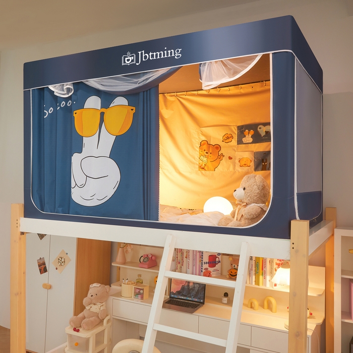 91家纺网 家纺一手货源 找家纺 星际优品 2025新款学生蚊帐遮光床帘植绒环保遮光帘99%遮光-印花款学生蚊帐-一 眼镜耶