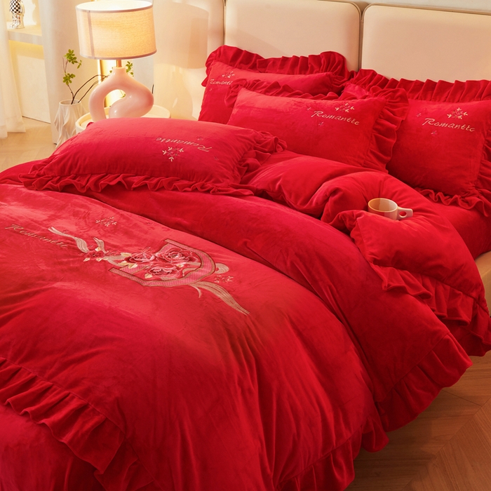 怡源梦 2025新款亲肤舒适A类婴儿绒刺绣四件套 花香云锦-中国红