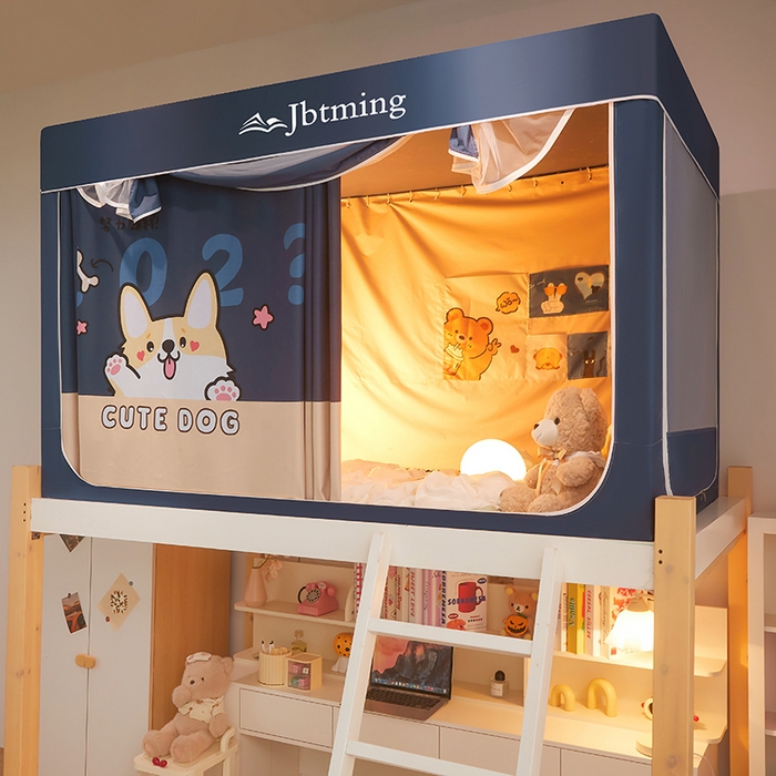 91家纺网 家纺一手货源 找家纺 星际优品 2025新款学生蚊帐遮光床帘植绒环保遮光帘99%遮光-印花款学生蚊帐-二 2025柯基-藏青