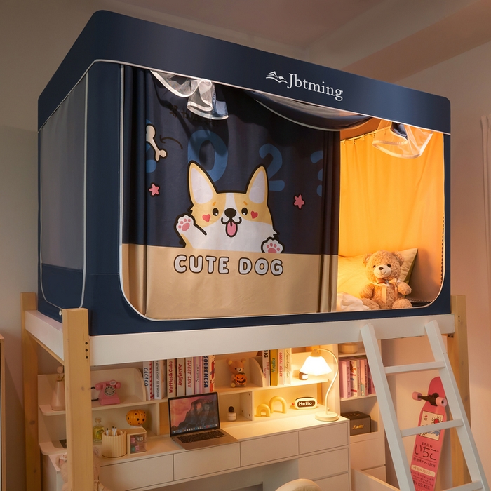 91家纺网 家纺一手货源 找家纺 星际优品 2025新款学生蚊帐遮光床帘植绒环保遮光帘99%遮光-印花款学生蚊帐-二 2025柯基-藏青