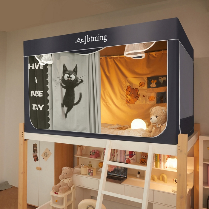 91家纺网 家纺一手货源 找家纺 星际优品 2025新款学生蚊帐遮光床帘植绒环保遮光帘99%遮光-印花款学生蚊帐-二 调皮猫-灰