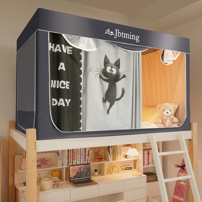 91家纺网 家纺一手货源 找家纺 星际优品 2025新款学生蚊帐遮光床帘植绒环保遮光帘99%遮光-印花款学生蚊帐-二 调皮猫-灰