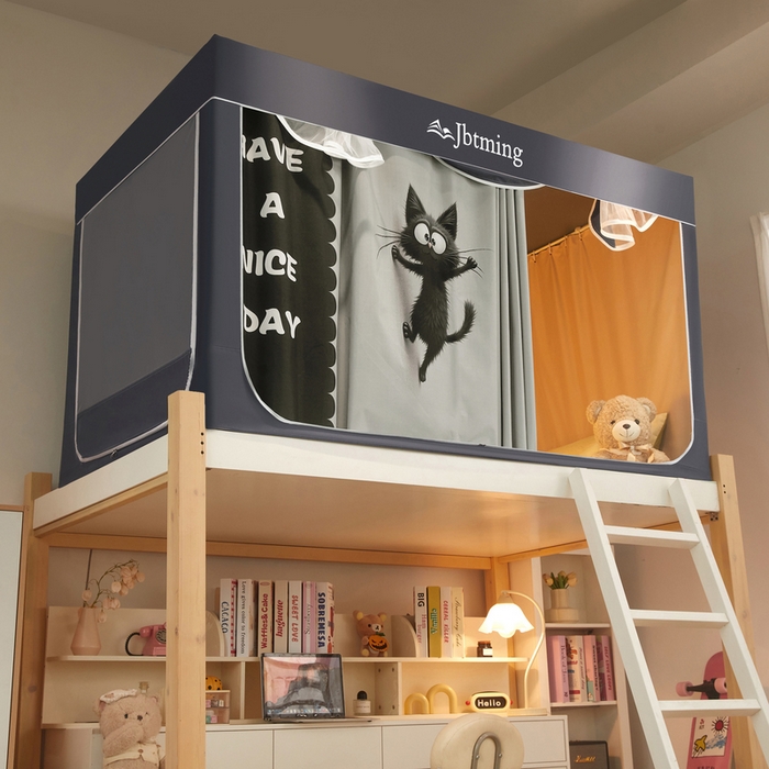 91家纺网 家纺一手货源 找家纺 星际优品 2025新款学生蚊帐遮光床帘植绒环保遮光帘99%遮光-印花款学生蚊帐-二 调皮猫-灰