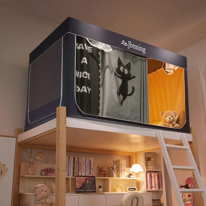 91家纺网 家纺一手货源 找家纺 星际优品 2025新款学生蚊帐遮光床帘植绒环保遮光帘99%遮光-印花款学生蚊帐-二 调皮猫-灰