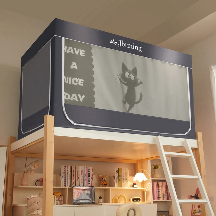 91家纺网 家纺一手货源 找家纺 星际优品 2025新款学生蚊帐遮光床帘植绒环保遮光帘99%遮光-印花款学生蚊帐-二 调皮猫-灰