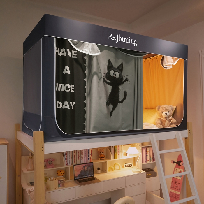 91家纺网 家纺一手货源 找家纺 星际优品 2025新款学生蚊帐遮光床帘植绒环保遮光帘99%遮光-印花款学生蚊帐-二 调皮猫-灰