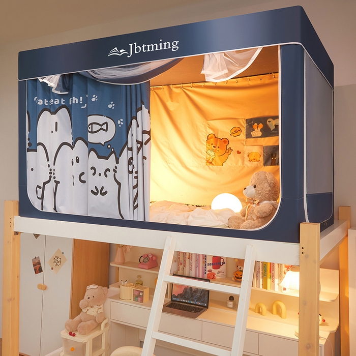 91家纺网 家纺一手货源 找家纺 星际优品 2025新款学生蚊帐遮光床帘植绒环保遮光帘99%遮光-印花款学生蚊帐-二 好奇猫-藏青