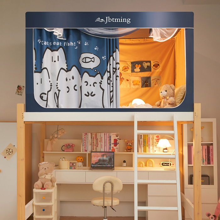 91家纺网 家纺一手货源 找家纺 星际优品 2025新款学生蚊帐遮光床帘植绒环保遮光帘99%遮光-印花款学生蚊帐-二 好奇猫-藏青