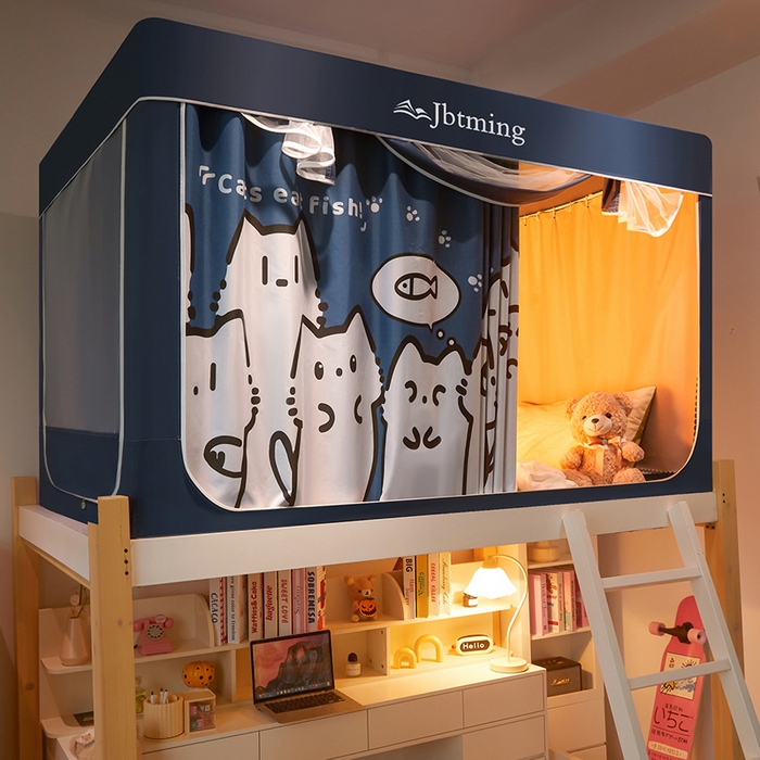 91家纺网 家纺一手货源 找家纺 星际优品 2025新款学生蚊帐遮光床帘植绒环保遮光帘99%遮光-印花款学生蚊帐-二 好奇猫-藏青