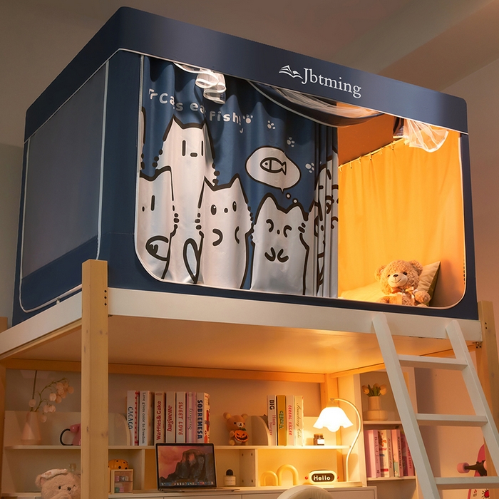 91家纺网 家纺一手货源 找家纺 星际优品 2025新款学生蚊帐遮光床帘植绒环保遮光帘99%遮光-印花款学生蚊帐-二 好奇猫-藏青