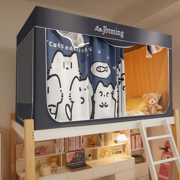 星际优品 2025新款学生蚊帐遮光床帘植绒环保遮光帘99%遮光-印花款学生蚊帐-二 好奇猫-灰