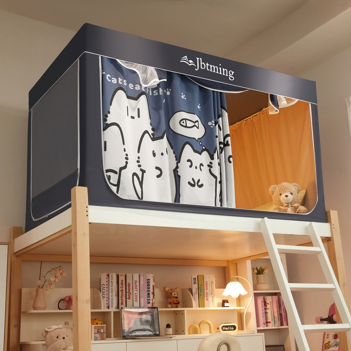 91家纺网 家纺一手货源 找家纺 星际优品 2025新款学生蚊帐遮光床帘植绒环保遮光帘99%遮光-印花款学生蚊帐-二 好奇猫-灰