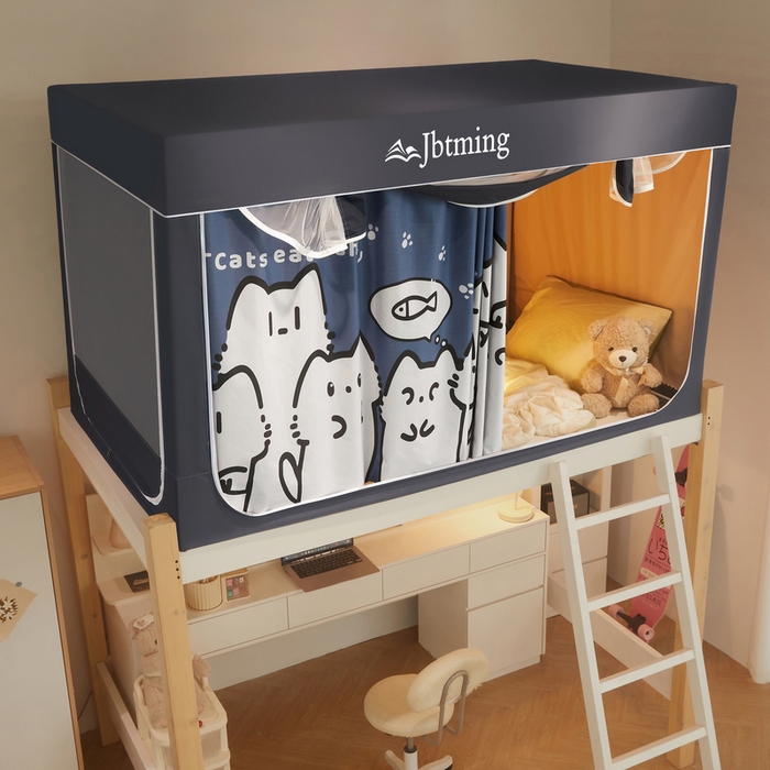 91家纺网 家纺一手货源 找家纺 星际优品 2025新款学生蚊帐遮光床帘植绒环保遮光帘99%遮光-印花款学生蚊帐-二 好奇猫-灰