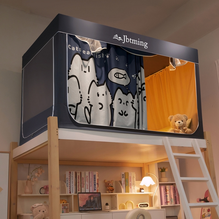 91家纺网 家纺一手货源 找家纺 星际优品 2025新款学生蚊帐遮光床帘植绒环保遮光帘99%遮光-印花款学生蚊帐-二 好奇猫-灰