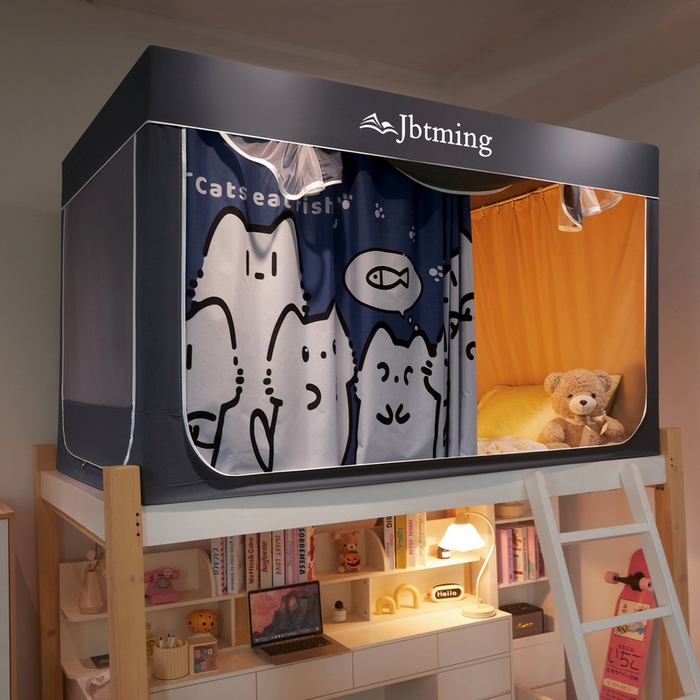 91家纺网 家纺一手货源 找家纺 星际优品 2025新款学生蚊帐遮光床帘植绒环保遮光帘99%遮光-印花款学生蚊帐-二 好奇猫-灰