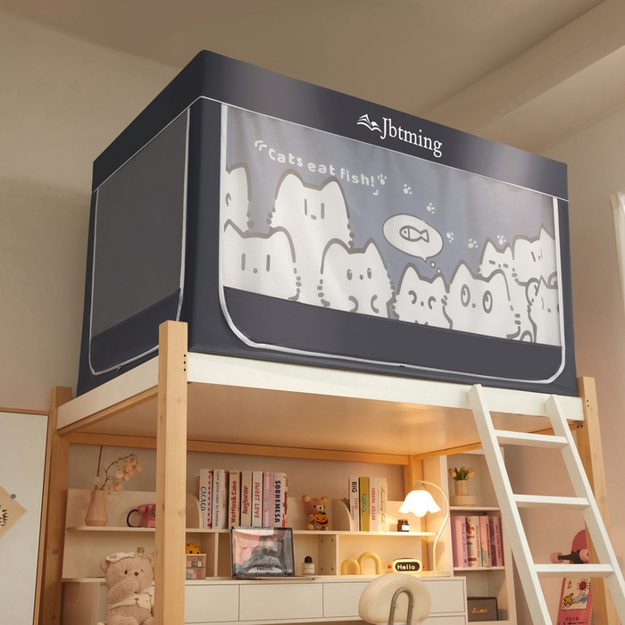 91家纺网 家纺一手货源 找家纺 星际优品 2025新款学生蚊帐遮光床帘植绒环保遮光帘99%遮光-印花款学生蚊帐-二 好奇猫-灰