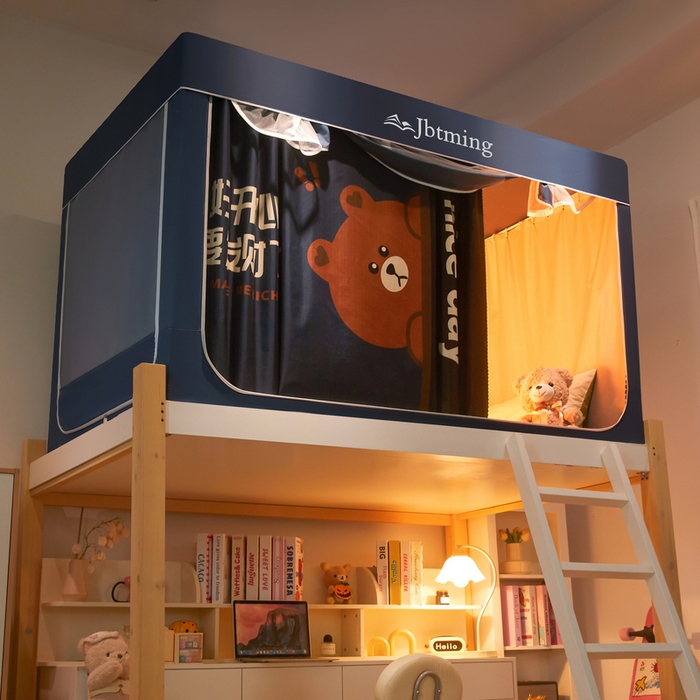 91家纺网 家纺一手货源 找家纺 星际优品 2025新款学生蚊帐遮光床帘植绒环保遮光帘99%遮光-印花款学生蚊帐-二 开心熊-藏青