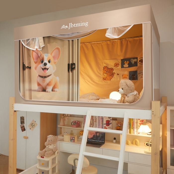 91家纺网 家纺一手货源 找家纺 星际优品 2025新款学生蚊帐遮光床帘植绒环保遮光帘99%遮光-印花款学生蚊帐-二 柯基-米杏